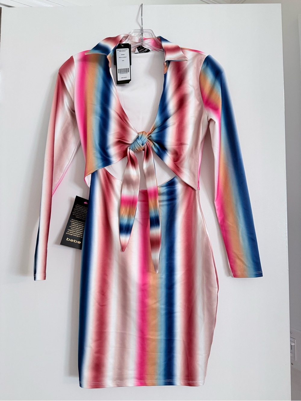 bebe Multicolor Striped Tie-Front Long Sleeve Bodycon Dress